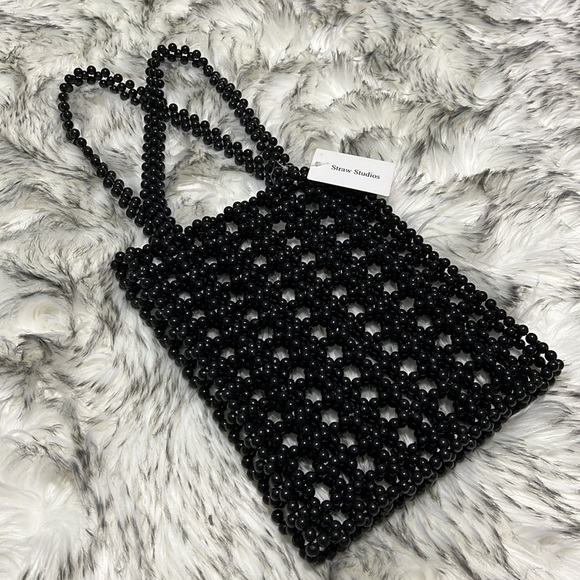 NWT Straw Studios Handmade Beaded Black Tote Top Handle Bag - Picture 1 of 7
